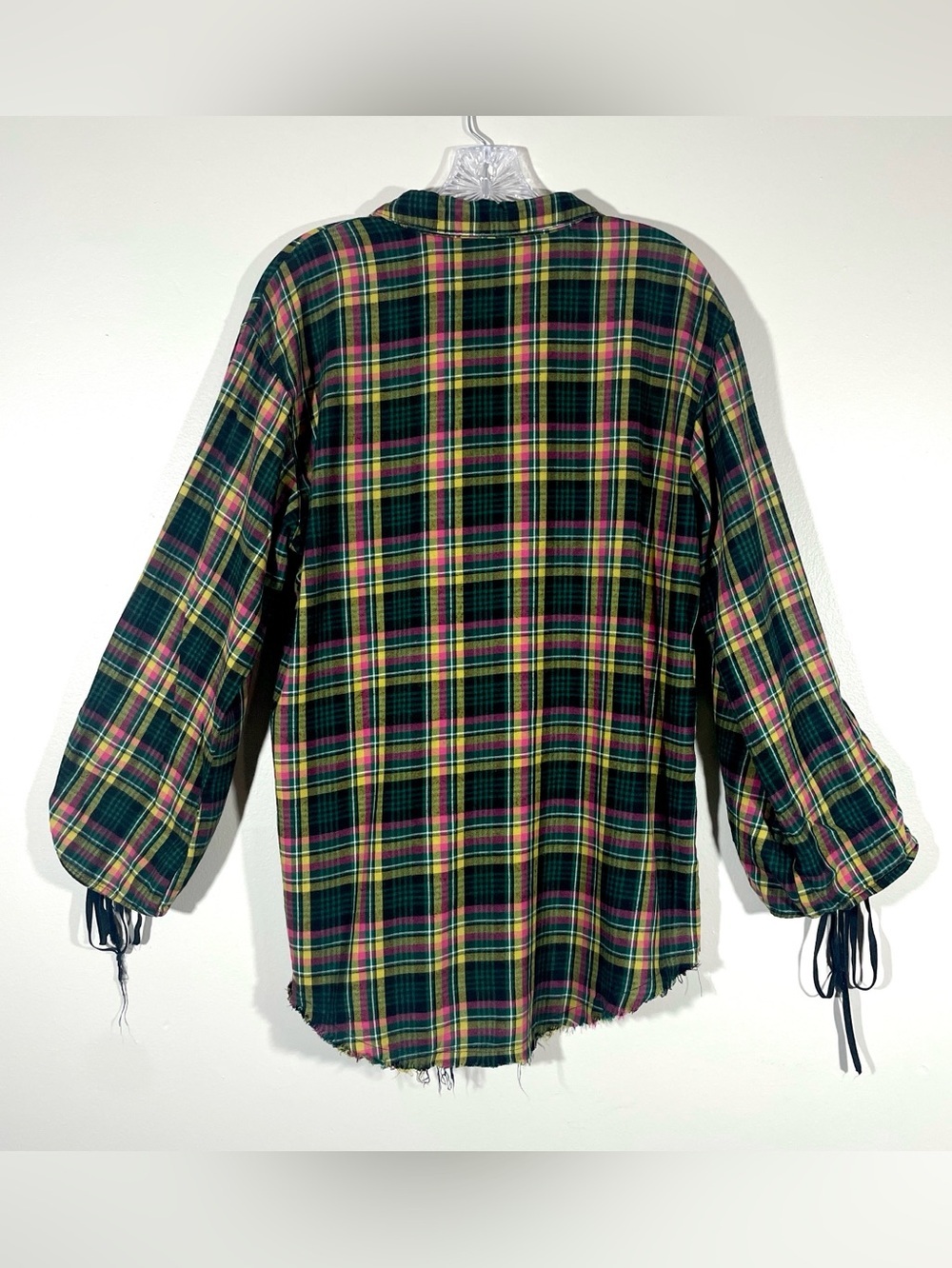 Savage x Fenty Plaid Button Down Top Lace Up Sleeves Frayed Hem grunge preppy - Picture 3 of 9
